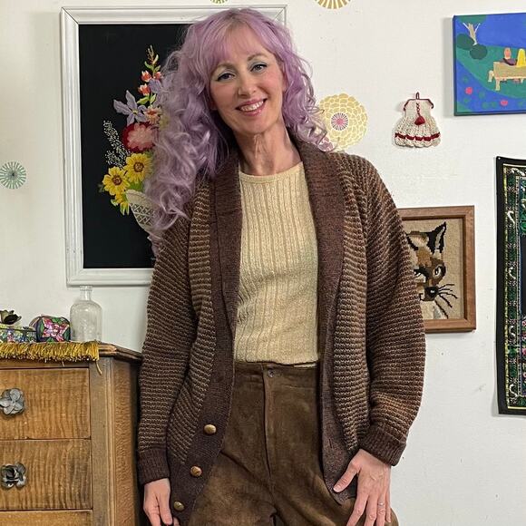 Vintage Grandpa Cardigan, 1970s Brown Tweed Deep V-Neck Button Front Sweater Lg - Picture 14 of 14